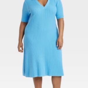 Ava & Viv Ribbed Knit Dress 3X Sleeves Collared V Neck Soft Knit Blue NWOT